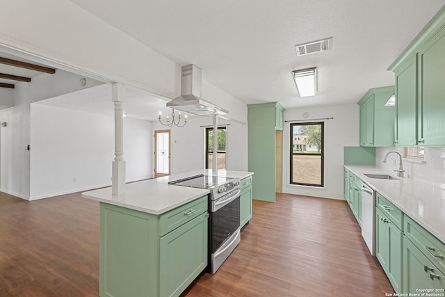 1312 Acorn, Hondo, TX 78861 - kitchen with green cabinets, electric range oven, a sink, island range hood, and dishwasher