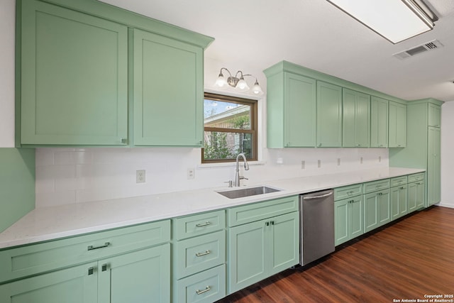 1312 Acorn, Hondo, TX 78861 - kitchen featuring stainless steel dishwasher, a sink, green cabinets, and tasteful backsplash