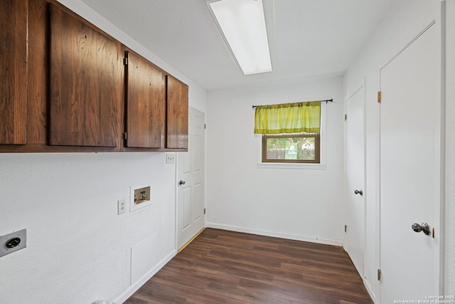 1312 Acorn, Hondo, TX 78861 - laundry area with cabinet space, electric dryer hookup, dark wood-type flooring, hookup for a washing machine, and baseboards