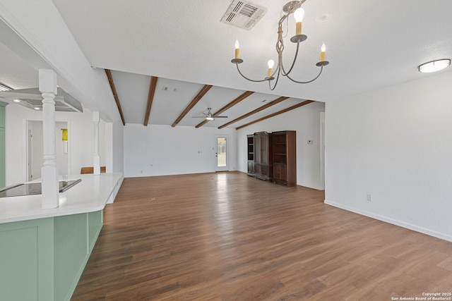 1312 Acorn, Hondo, TX 78861 - unfurnished living room with wood finished floors, decorative columns, and a ceiling fan