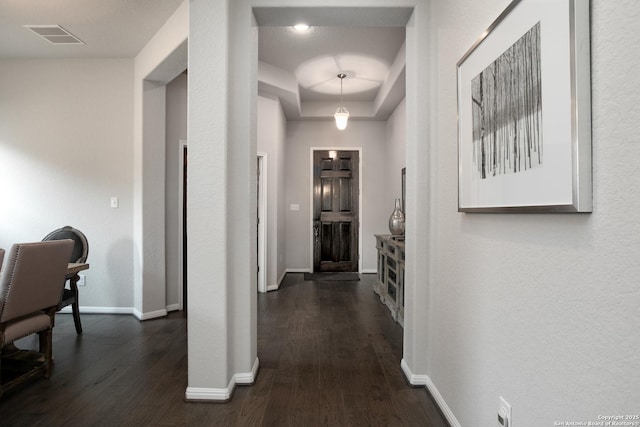 25514 Vista Bella, San Antonio, TX 78260 - hall featuring dark wood-style floors, baseboards, and a tray ceiling