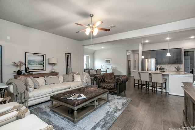 25514 Vista Bella, San Antonio, TX 78260 - living room with dark wood-style flooring, ceiling fan, and recessed lighting