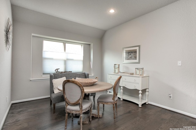 25514 Vista Bella, San Antonio, TX 78260 - dining room with dark wood-type flooring, baseboards, lofted ceiling, and recessed lighting
