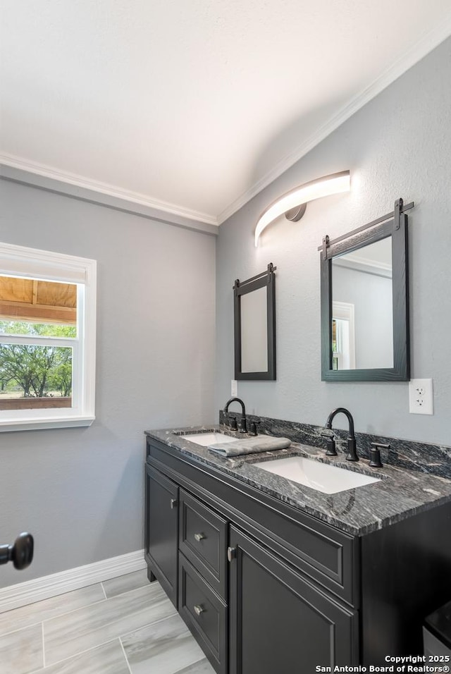 1556 County Road 2537, Moore, TX 78057 - full bath featuring double vanity, ornamental molding, and baseboards
