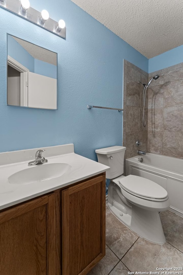8134 Cheryl Mdw, Converse, TX 78109 - bathroom featuring toilet, vanity, washtub / shower combination, a textured ceiling, and tile patterned floors