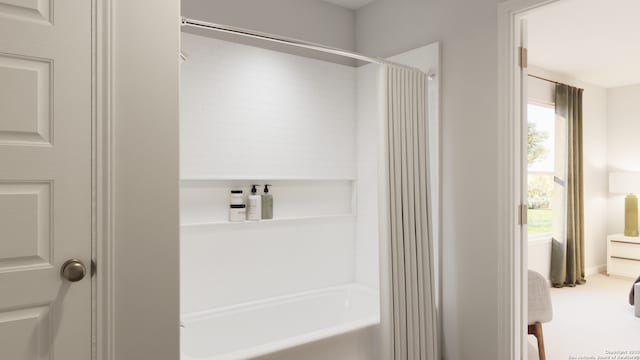 2638 Downsbury Dr, New Braunfels, TX 78130 - full bath with healthy amount of natural light and shower / bath combo with shower curtain