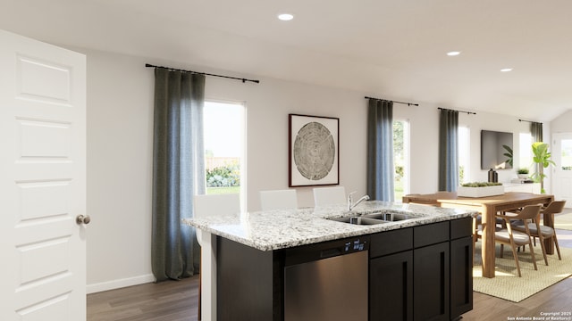 2638 Downsbury Dr, New Braunfels, TX 78130 - kitchen featuring stainless steel dishwasher, a sink, wood finished floors, an island with sink, and light stone countertops