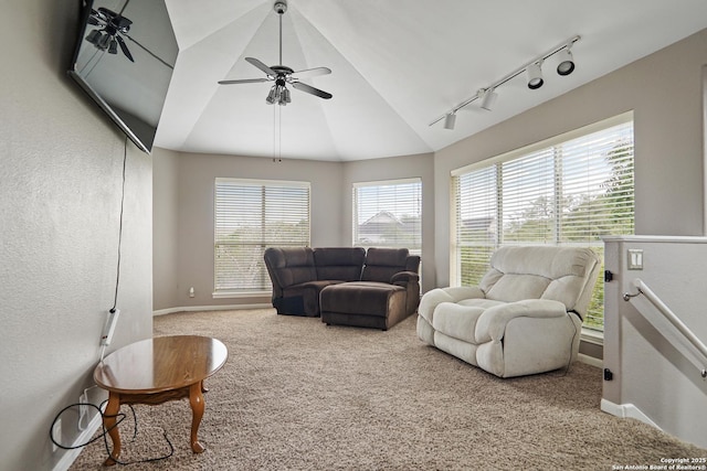 6806 Arrow, San Antonio, TX 78256 - living room featuring rail lighting, carpet floors, ceiling fan, lofted ceiling, and baseboards
