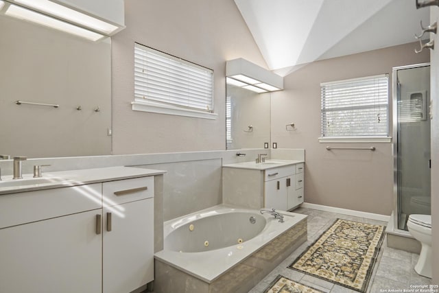 6806 Arrow, San Antonio, TX 78256 - bathroom featuring toilet, vanity, a stall shower, and a whirlpool tub