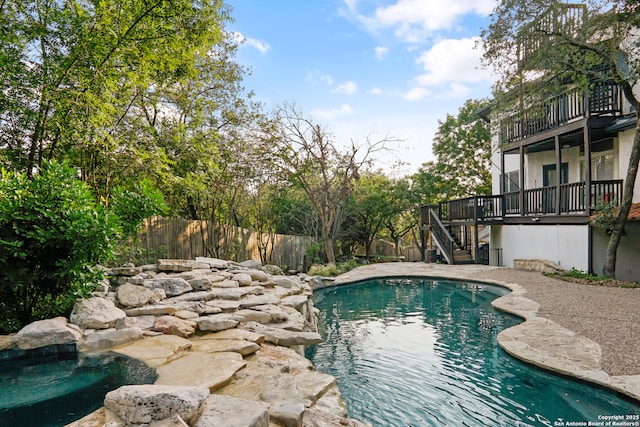 6806 Arrow, San Antonio, TX 78256 - view of pool with stairway, a fenced backyard, and a wooden deck