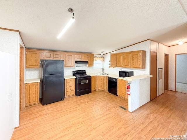 1185 County Road 7718, Devine, TX 78016 - kitchen with black appliances, a sink, a textured ceiling, light countertops, and light wood-type flooring