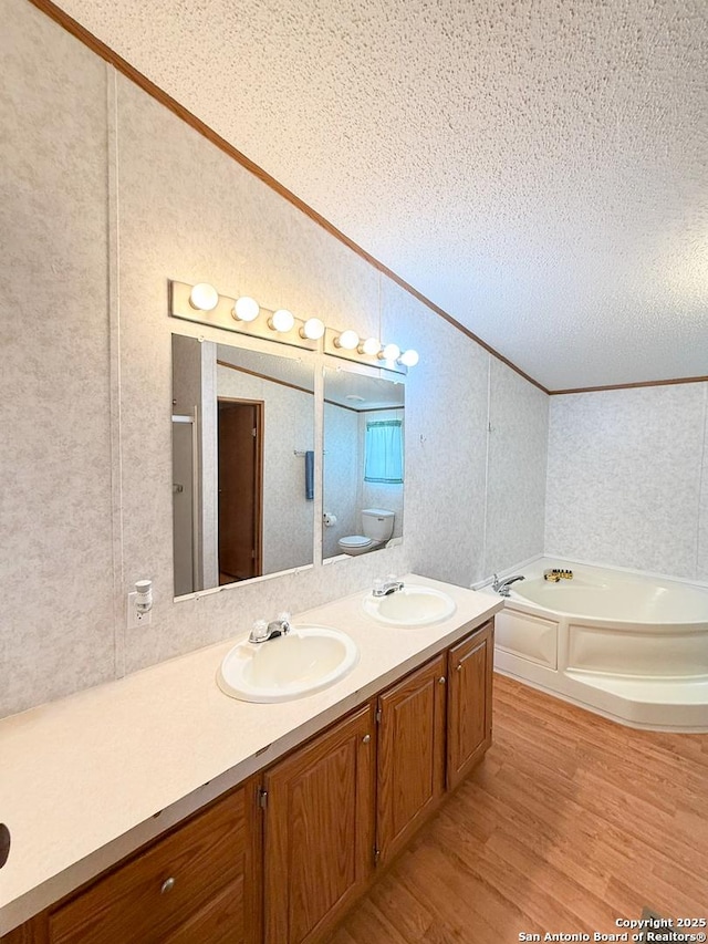 1185 County Road 7718, Devine, TX 78016 - bathroom with crown molding, double vanity, wood finished floors, a bath, and a textured ceiling