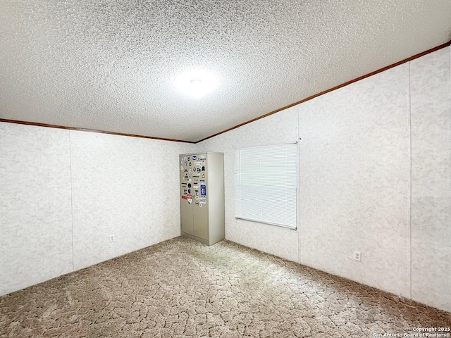 1185 County Road 7718, Devine, TX 78016 - unfurnished room with ornamental molding, lofted ceiling, carpet floors, and a textured ceiling