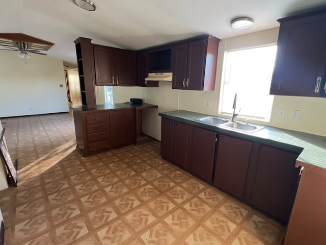 2230 Bear Springs Dr, San Antonio, TX 78245 - kitchen with a sink, light flooring, under cabinet range hood, ceiling fan, and vaulted ceiling
