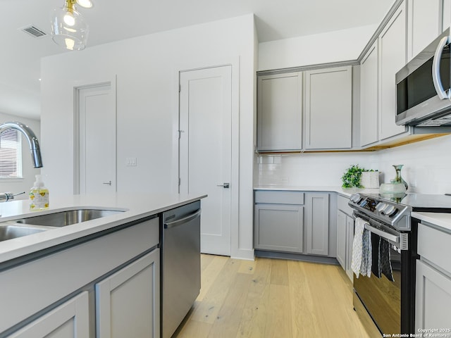 2050 Lohmans Spur Unit, Lakeway, TX 78734 - kitchen featuring appliances with stainless steel finishes, gray cabinetry, a sink, and light wood-style flooring