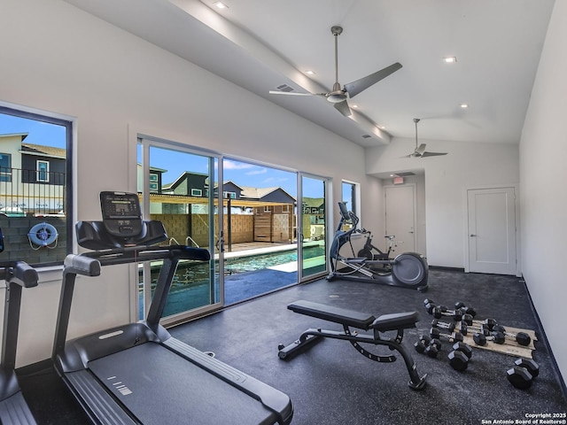 2050 Lohmans Spur Unit, Lakeway, TX 78734 - workout area with ceiling fan, lofted ceiling, baseboards, and recessed lighting