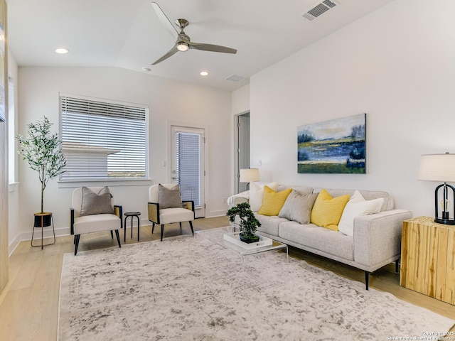 2050 Lohmans Spur Unit, Lakeway, TX 78734 - living area featuring wood finished floors, a ceiling fan, recessed lighting, baseboards, and lofted ceiling