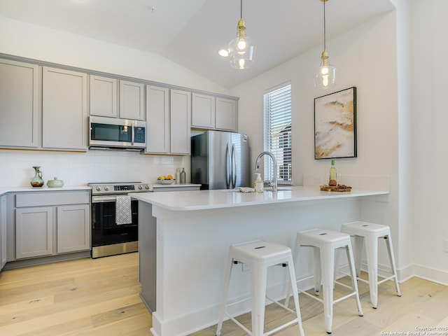2050 Lohmans Spur Unit, Lakeway, TX 78734 - kitchen with appliances with stainless steel finishes, gray cabinets, light wood-style floors, light countertops, and lofted ceiling