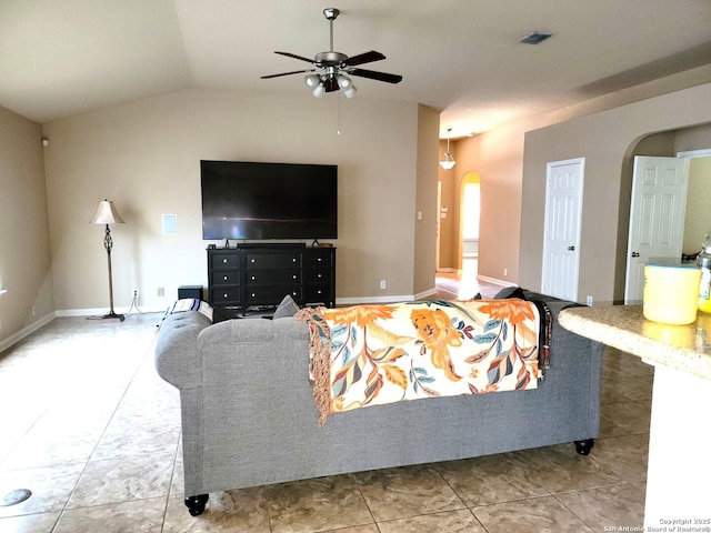26106 Indian Clf, San Antonio, TX 78260 - living area featuring arched walkways, ceiling fan, vaulted ceiling, and baseboards