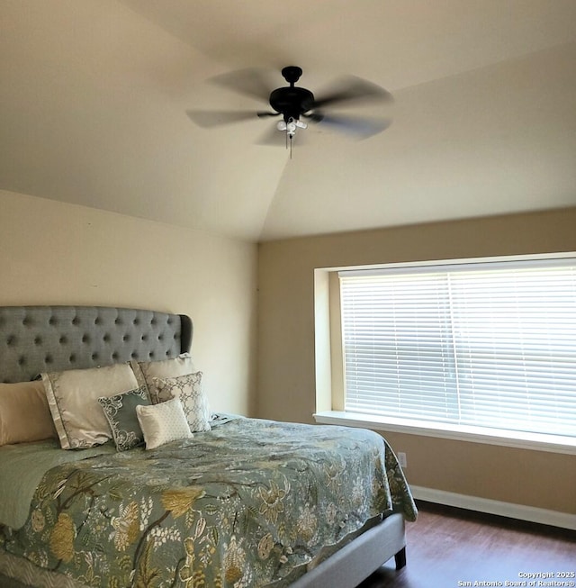 26106 Indian Clf, San Antonio, TX 78260 - bedroom with wood finished floors, lofted ceiling, baseboards, and a ceiling fan