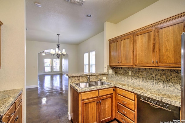 2222 Gruene Lk, New Braunfels, TX 78130 - kitchen featuring a sink, black dishwasher, decorative backsplash, finished concrete floors, and brown cabinets