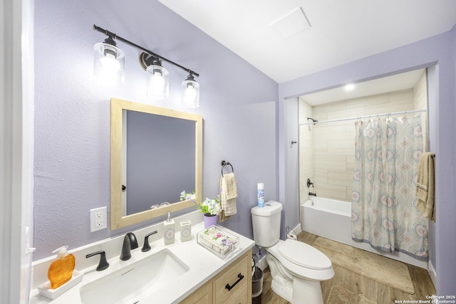 1437 Avant, San Antonio, TX 78210 - bathroom with vanity, toilet, wood finished floors, shower / bath combination with curtain, and vaulted ceiling