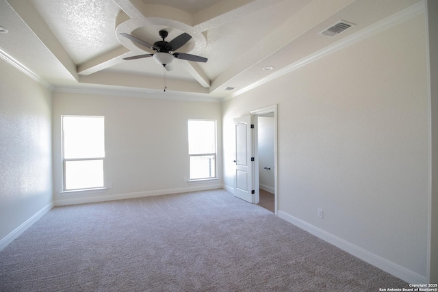 2516 County Road 357, La Vernia, TX 78121 - empty room with ceiling fan, carpet floors, a tray ceiling, crown molding, and baseboards