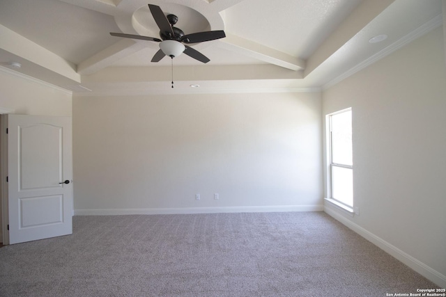 2516 County Road 357, La Vernia, TX 78121 - carpeted empty room featuring ceiling fan, baseboards, beam ceiling, and ornamental molding