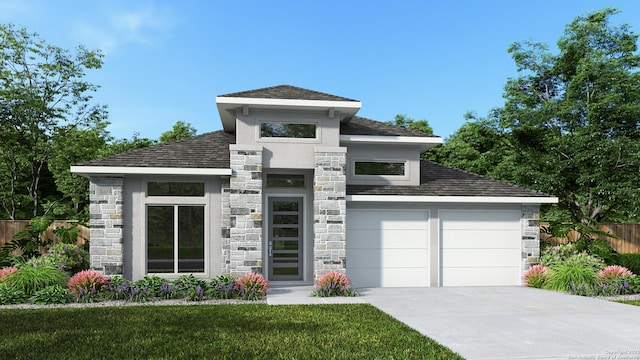 364 Haby Holw, San Antonio, TX 78253 - modern home featuring stone siding, a garage, a shingled roof, concrete driveway, and stucco siding