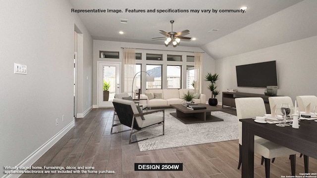 364 Haby Holw, San Antonio, TX 78253 - living room featuring a ceiling fan, wood finished floors, baseboards, vaulted ceiling, and recessed lighting