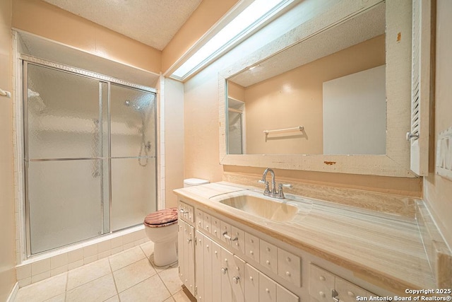 3922 Barrington Unit 0, San Antonio, TX 78217 - full bath featuring toilet, vanity, tile patterned flooring, a shower stall, and a textured ceiling