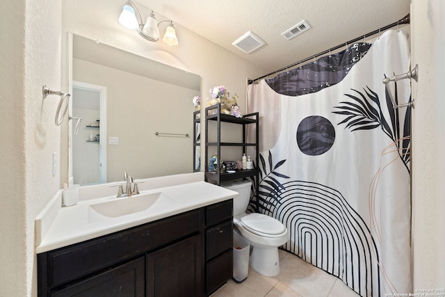 8726 Hideout, San Antonio, TX 78254 - full bathroom with toilet, tile patterned flooring, vanity, a textured ceiling, and a shower with shower curtain