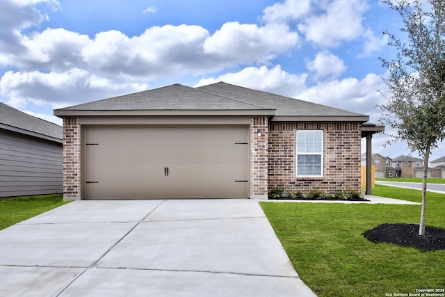 15107 Telfaire Mdw, Von Ormy, TX 78073 - ranch-style house featuring driveway, a garage, a front lawn, brick siding, and a shingled roof