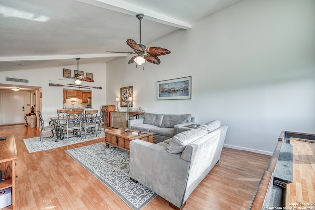 806 Highcrest # 19, Granite Shoals, TX 78654 - living room with a ceiling fan, light wood finished floors, beamed ceiling, baseboards, and high vaulted ceiling