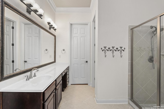 7414 Hovingham, San Antonio, TX 78257 - bathroom featuring vanity, crown molding, a stall shower, and tile patterned flooring
