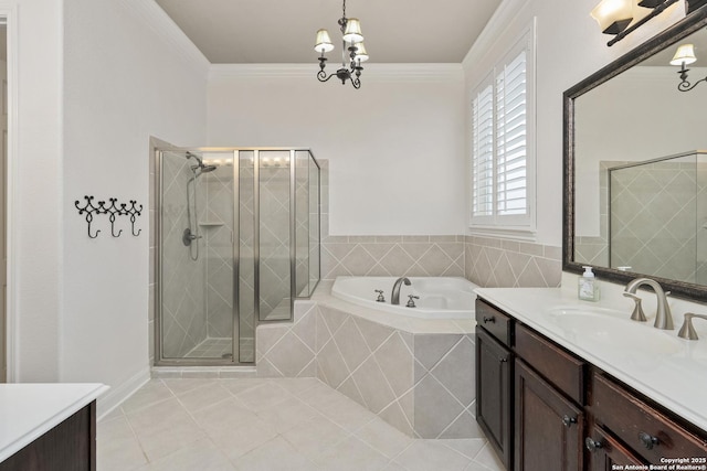 7414 Hovingham, San Antonio, TX 78257 - bathroom featuring vanity, tile patterned floors, a bath, ornamental molding, and a stall shower