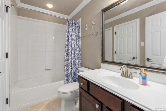 7414 Hovingham, San Antonio, TX 78257 - bathroom featuring toilet, vanity, shower / tub combo with curtain, ornamental molding, and tile patterned floors