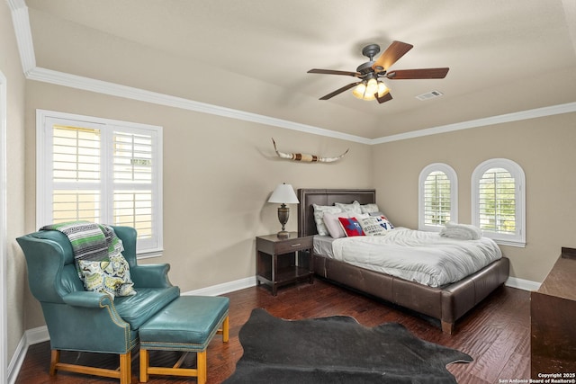 7414 Hovingham, San Antonio, TX 78257 - bedroom with baseboards, crown molding, wood finished floors, and a ceiling fan