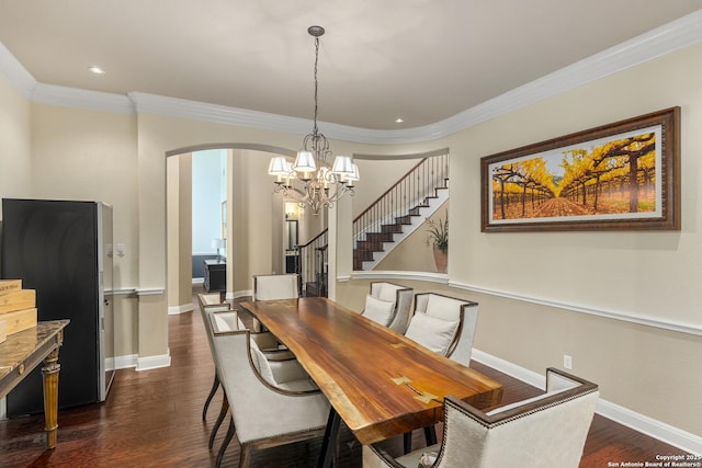 7414 Hovingham, San Antonio, TX 78257 - dining area with arched walkways, stairway, dark wood finished floors, ornamental molding, and a chandelier