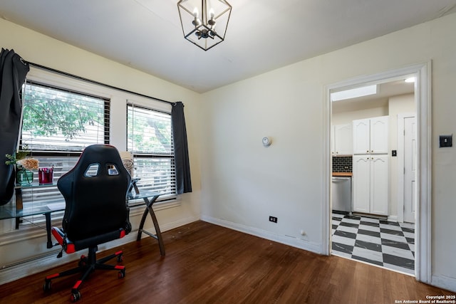 1019 Chicago Blvd, San Antonio, TX 78210 - office area featuring baseboards, a chandelier, and wood finished floors