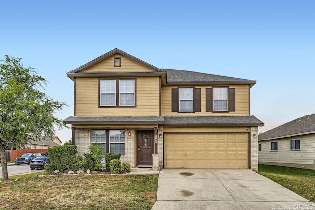 3803 Ponderosa Bnd, San Antonio, TX 78261 - traditional home featuring brick siding, driveway, an attached garage, roof with shingles, and a front yard