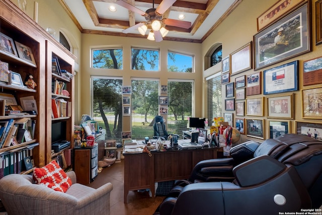 10402 Oak Forest Way, New Braunfels, TX 78132 - office area featuring ornamental molding, coffered ceiling, a towering ceiling, healthy amount of natural light, and ceiling fan