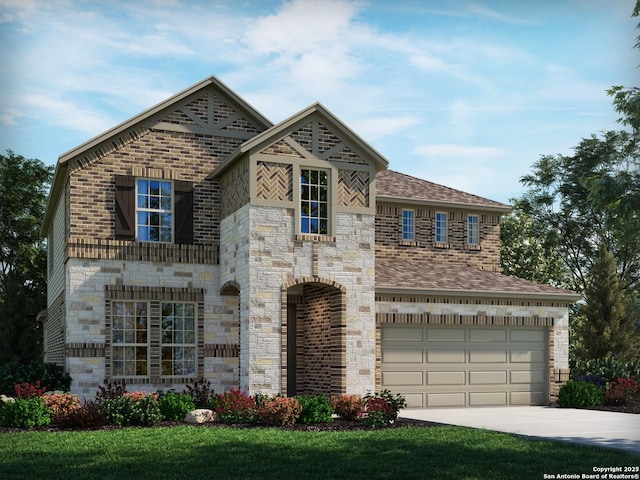 29414 Angelfish Blvd, Boerne, TX 78006 - view of front of property with a garage, driveway, stone siding, and roof with shingles
