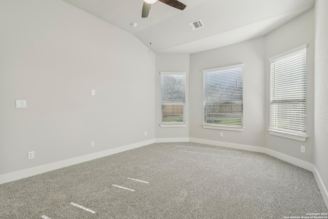 29414 Angelfish Blvd, Boerne, TX 78006 - unfurnished room with carpet floors, ceiling fan, baseboards, and vaulted ceiling