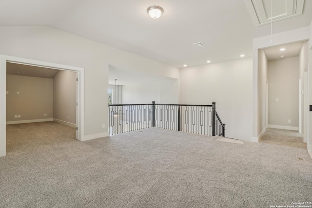 29414 Angelfish Blvd, Boerne, TX 78006 - carpeted empty room with attic access, baseboards, recessed lighting, and vaulted ceiling