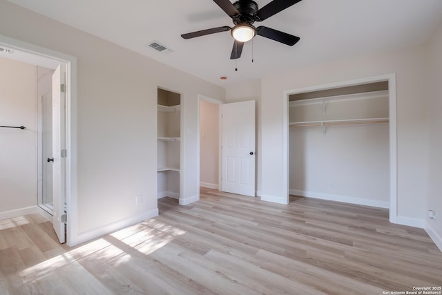 7811 Stagecoach, San Antonio, TX 78227 - unfurnished bedroom featuring light wood-style flooring, baseboards, a closet, ceiling fan, and ensuite bathroom