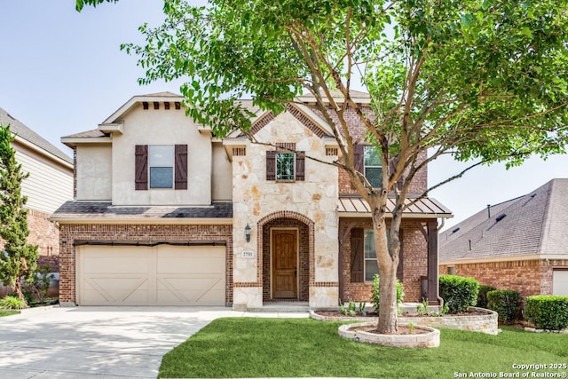 27511 Smokey Chase, Boerne, TX 78015 - view of front of house featuring a garage, driveway, a front lawn, and brick siding