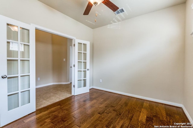 27511 Smokey Chase, Boerne, TX 78015 - unfurnished room featuring french doors, wood finished floors, ceiling fan, and baseboards