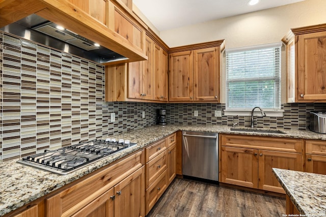 1015 Broken Spoke, Canyon Lake, TX 78133 - kitchen with appliances with stainless steel finishes, a sink, custom range hood, dark wood finished floors, and backsplash