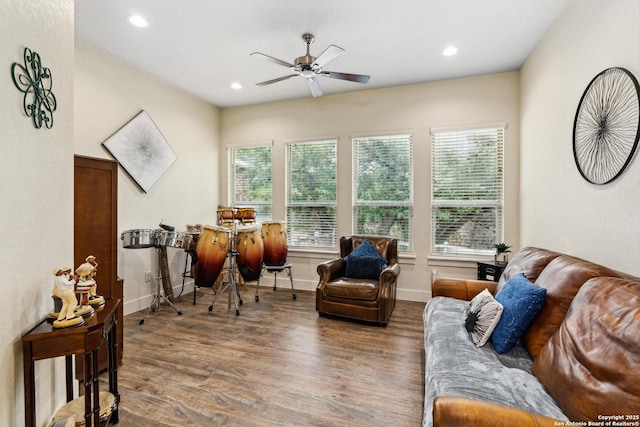 1015 Broken Spoke, Canyon Lake, TX 78133 - living area with a ceiling fan, wood finished floors, recessed lighting, and baseboards